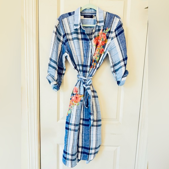 Ralph Lauren Dresses & Skirts - Ralph Lauren Blue Plaid Shirt Dress: unique Hand painted Floral embellishment